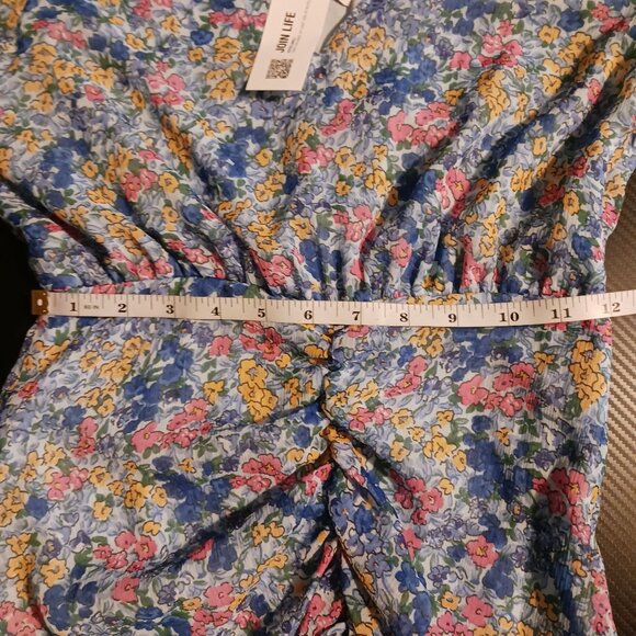 NEW Zara Ruched‎ Floral V-Neck Mini Dress Blue Multi 3/4 Sheer Sleeves Size XS - Picture 9 of 10
